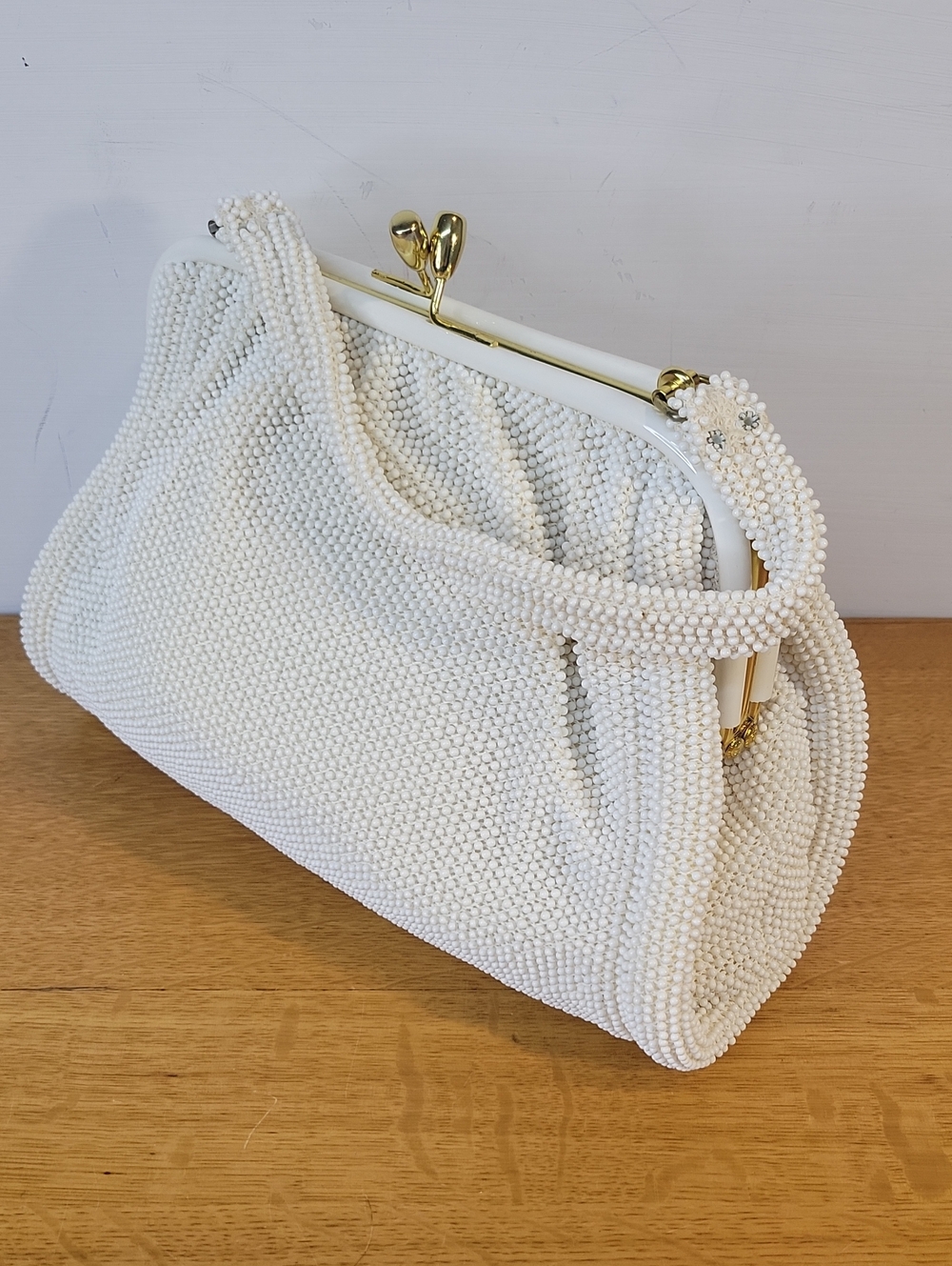Vintage Lemured Small Corde Beaded Designer White Handbag 1950's